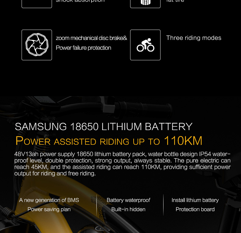 GOGOBEST GF600 Electric Bike 48V 13Ah Battery 1000W Motor 26x4.0 inch Fat Tire Aluminum Alloy Frame Shimano 7-speed Shift Max Speed 40km/h 110KM Power-assisted mileage Range LCD Display IP54 Waterproof - Black Yellow