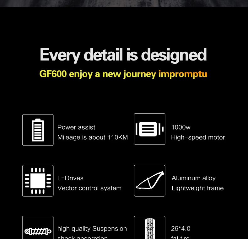 GOGOBEST GF600 Electric Bike 48V 13Ah Battery 1000W Motor 26x4.0 inch Fat Tire Aluminum Alloy Frame Shimano 7-speed Shift Max Speed 40km/h 110KM Power-assisted mileage Range LCD Display IP54 Waterproof - Black Yellow