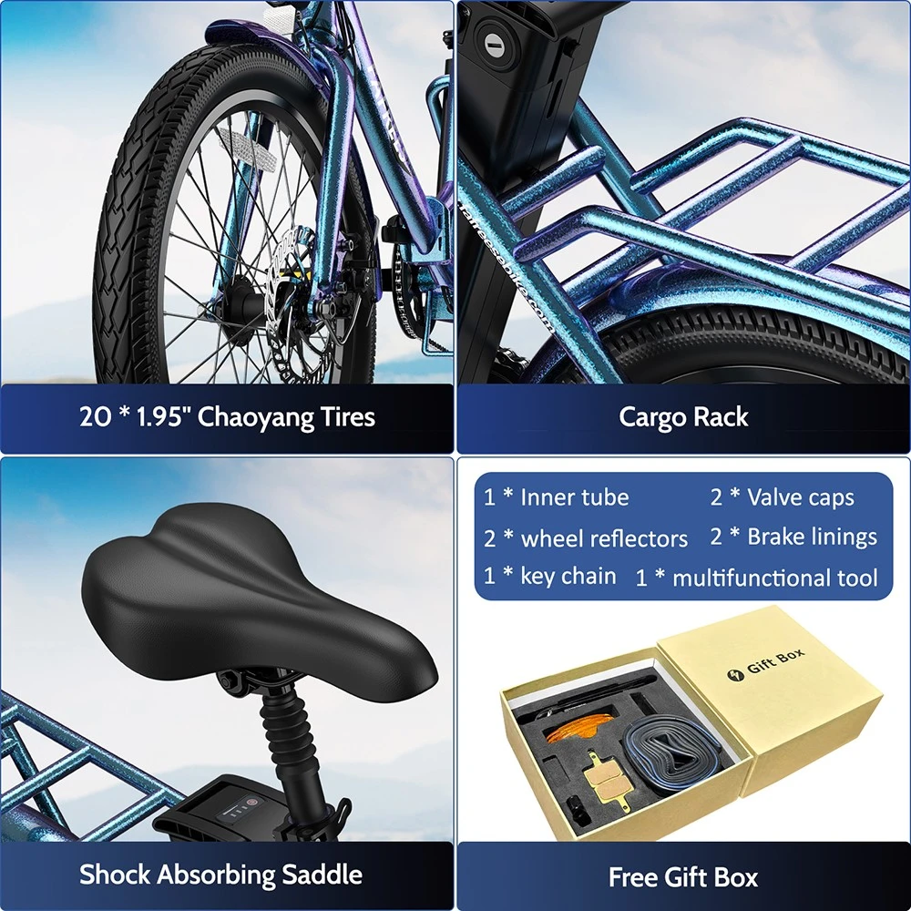 Fafrees F20 Lasting Electric Bike, 250W Motor, 36V 18.2Ah Battery, 20*1.95'' Tires, 25km/h Max Speed, 120km Max Range, Mechanical Disc Brakes, SHIMANO 7 Speed - Haze Blue