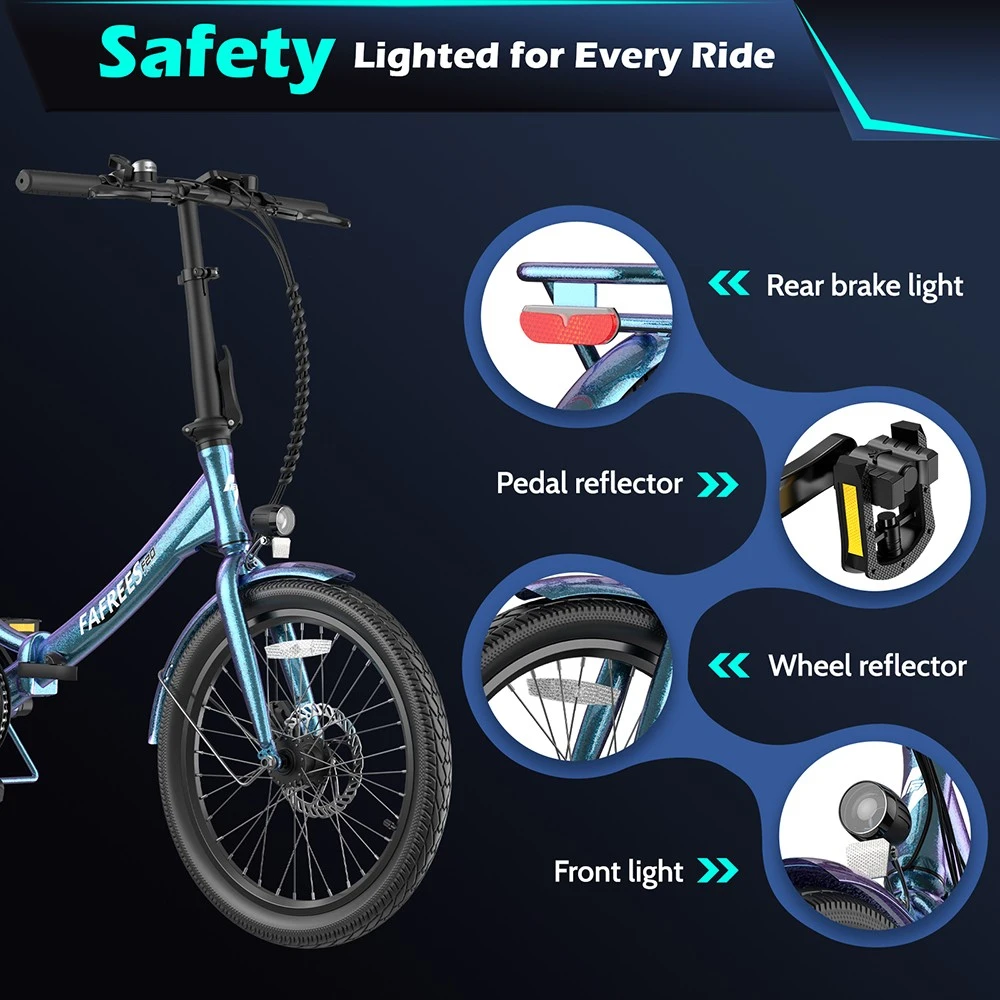 Fafrees F20 Lasting Electric Bike, 250W Motor, 36V 18.2Ah Battery, 20*1.95'' Tires, 25km/h Max Speed, 120km Max Range, Mechanical Disc Brakes, SHIMANO 7 Speed - Haze Blue