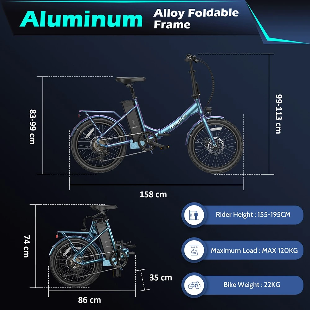 Fafrees F20 Lasting Electric Bike, 250W Motor, 36V 18.2Ah Battery, 20*1.95'' Tires, 25km/h Max Speed, 120km Max Range, Mechanical Disc Brakes, SHIMANO 7 Speed - Haze Blue
