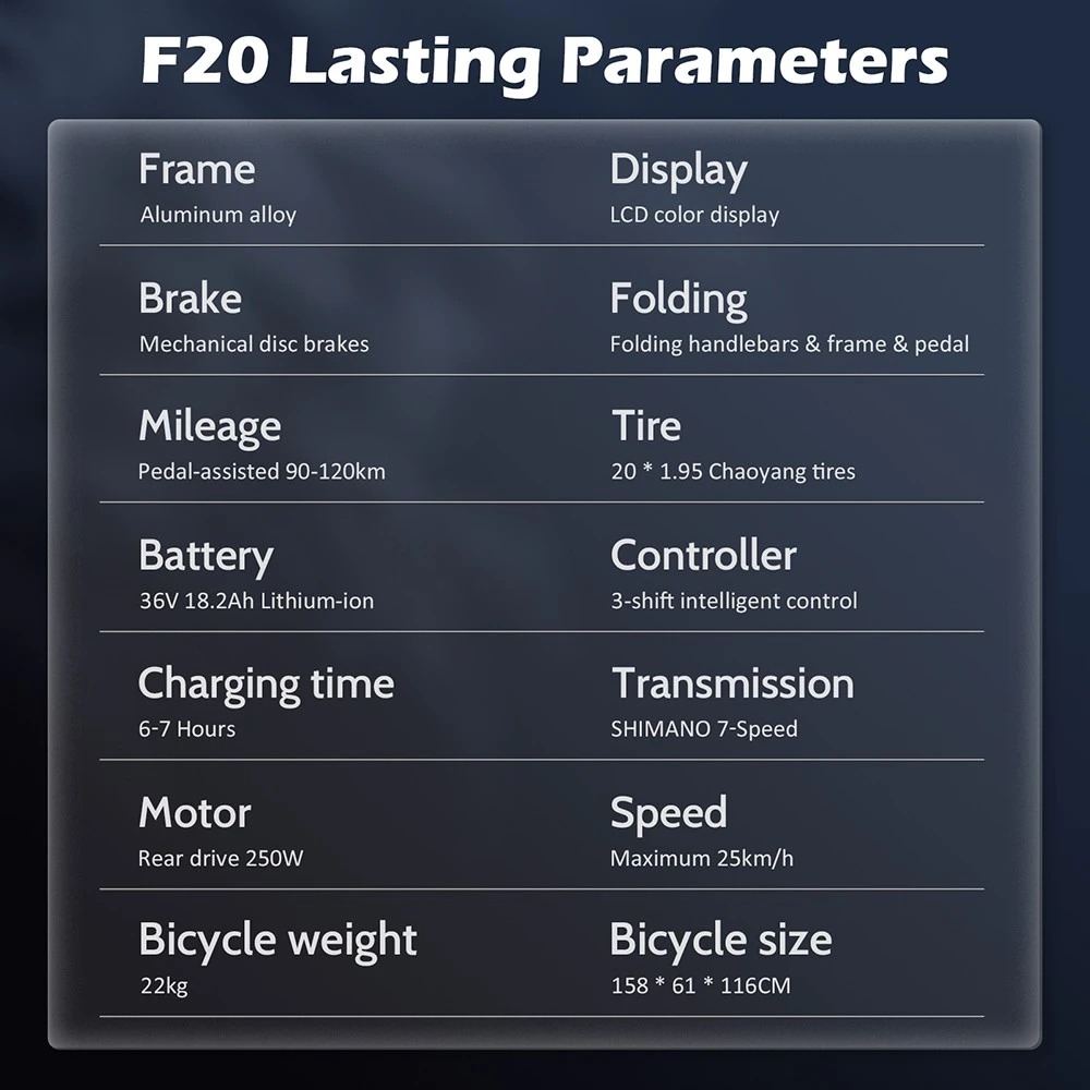 Fafrees F20 Lasting Electric Bike, 250W Motor, 36V 18.2Ah Battery, 20*1.95'' Tires, 25km/h Max Speed, 120km Max Range, Mechanical Disc Brakes, SHIMANO 7 Speed - Haze Blue