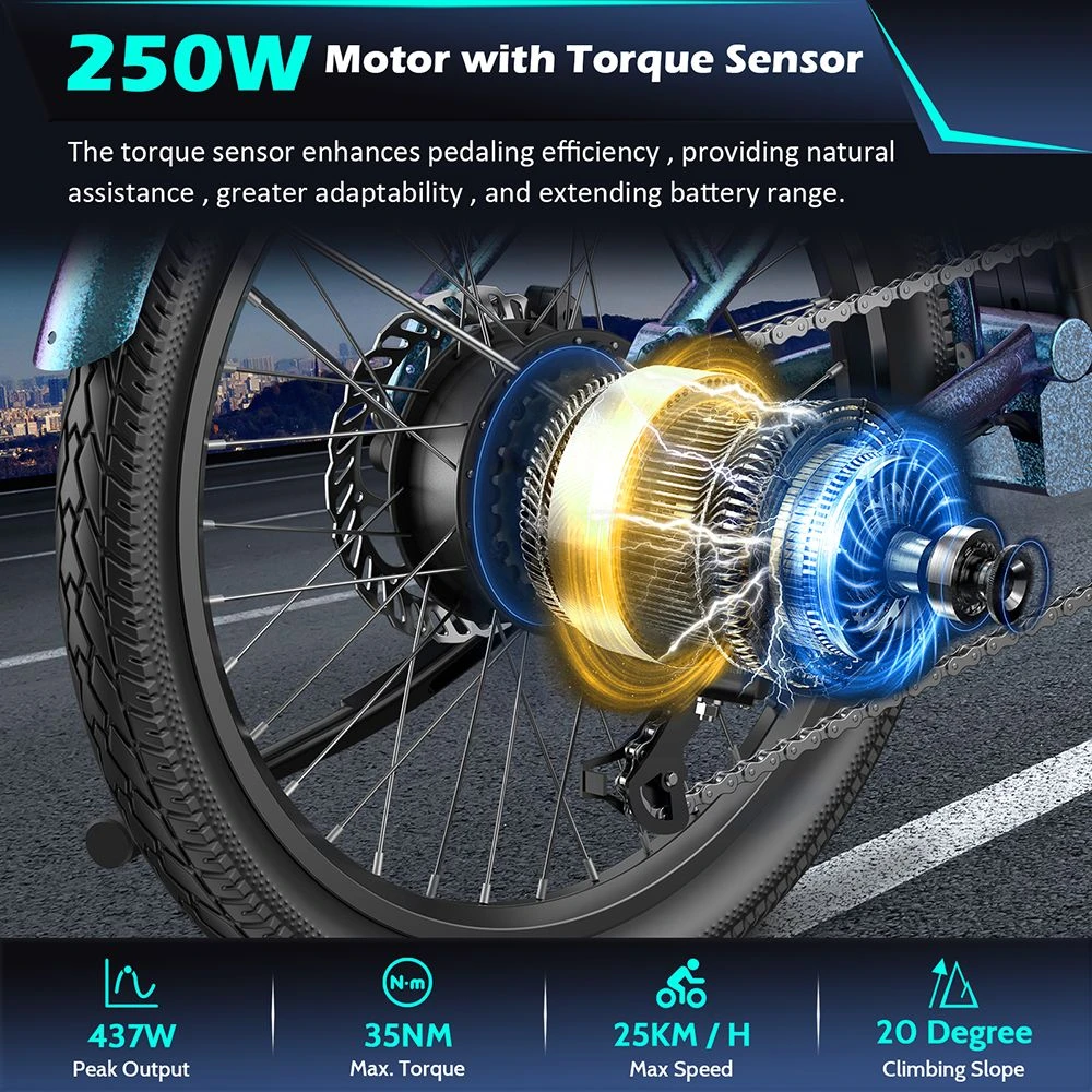 Fafrees F20 Lasting Electric Bike, 250W Motor, 36V 18.2Ah Battery, 20*1.95'' Tires, 25km/h Max Speed, 120km Max Range, Mechanical Disc Brakes, SHIMANO 7 Speed - Haze Blue