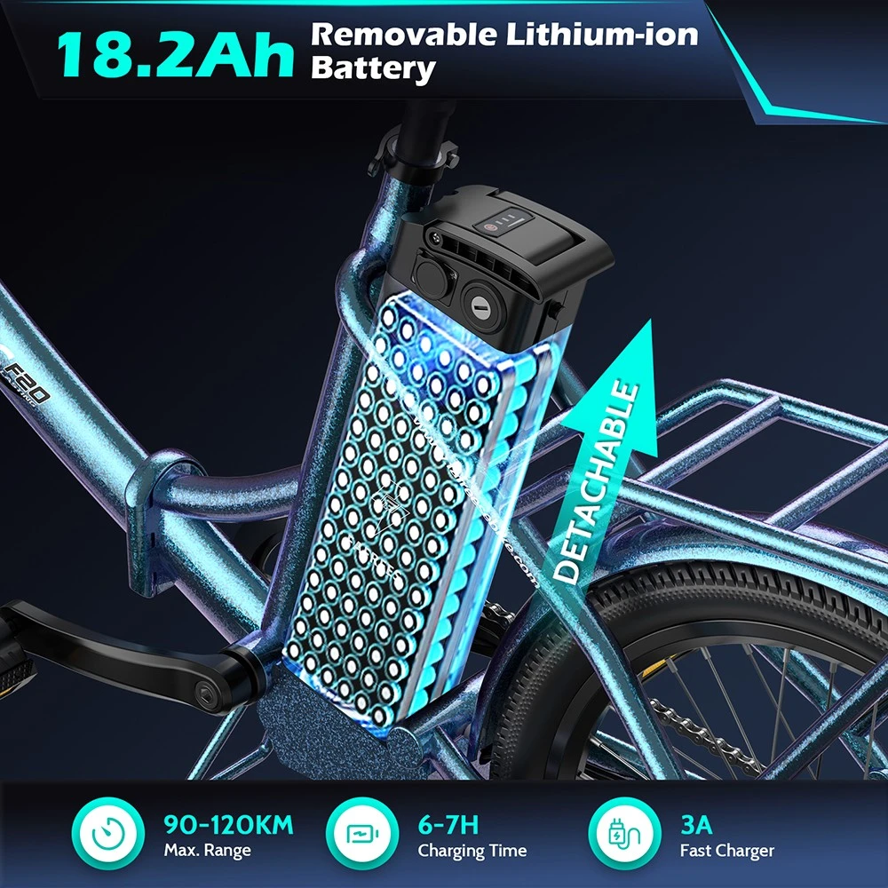 Fafrees F20 Lasting Electric Bike, 250W Motor, 36V 18.2Ah Battery, 20*1.95'' Tires, 25km/h Max Speed, 120km Max Range, Mechanical Disc Brakes, SHIMANO 7 Speed - Haze Blue