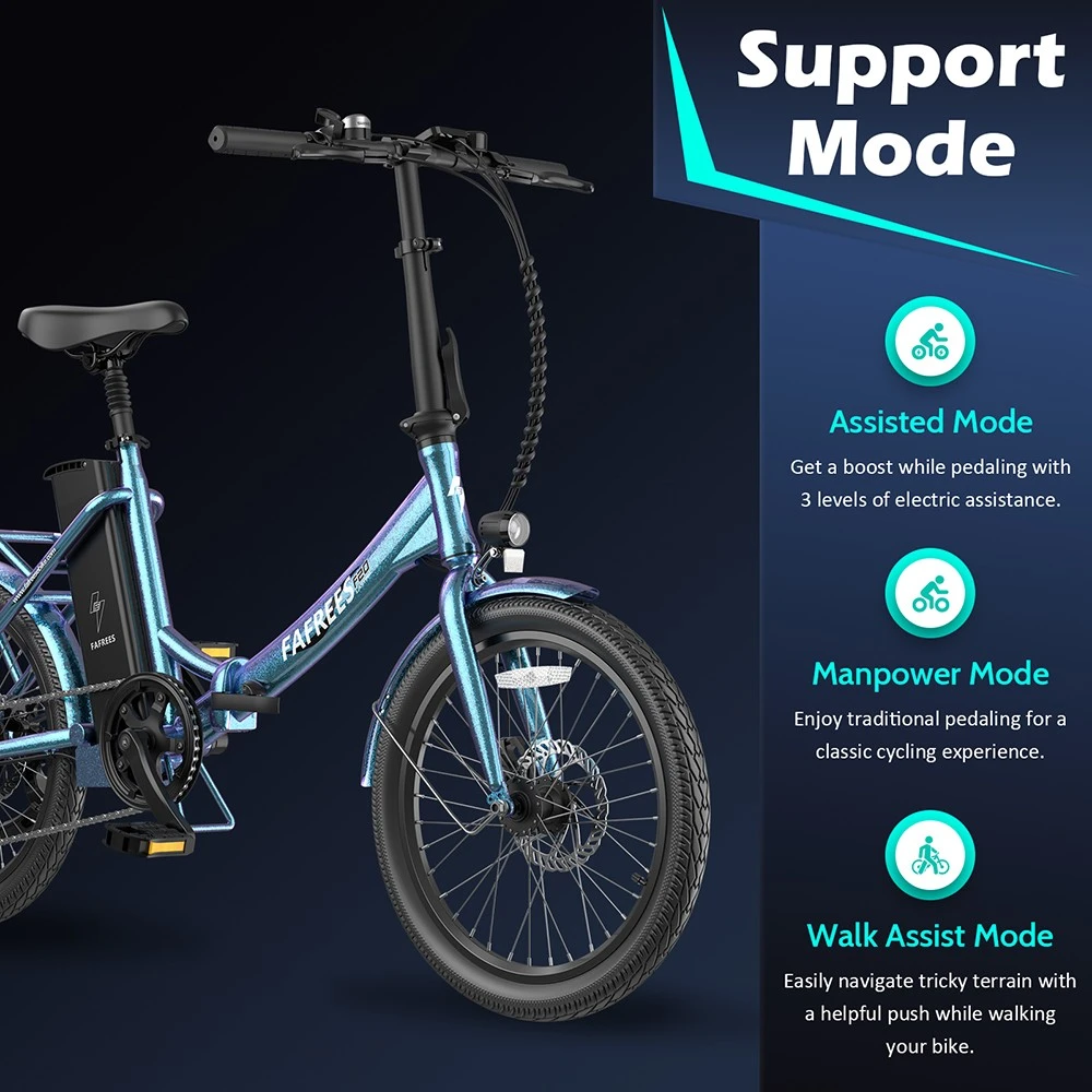 Fafrees F20 Lasting Electric Bike, 250W Motor, 36V 18.2Ah Battery, 20*1.95'' Tires, 25km/h Max Speed, 120km Max Range, Mechanical Disc Brakes, SHIMANO 7 Speed - Haze Blue