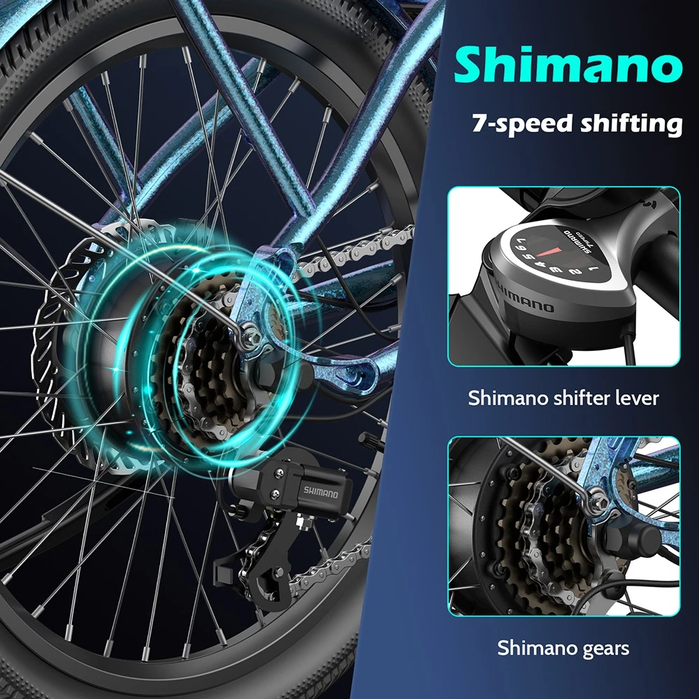 Fafrees F20 Lasting Electric Bike, 250W Motor, 36V 18.2Ah Battery, 20*1.95'' Tires, 25km/h Max Speed, 120km Max Range, Mechanical Disc Brakes, SHIMANO 7 Speed - Haze Blue