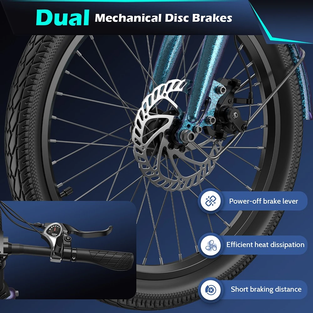 Fafrees F20 Lasting Electric Bike, 250W Motor, 36V 18.2Ah Battery, 20*1.95'' Tires, 25km/h Max Speed, 120km Max Range, Mechanical Disc Brakes, SHIMANO 7 Speed - Haze Blue