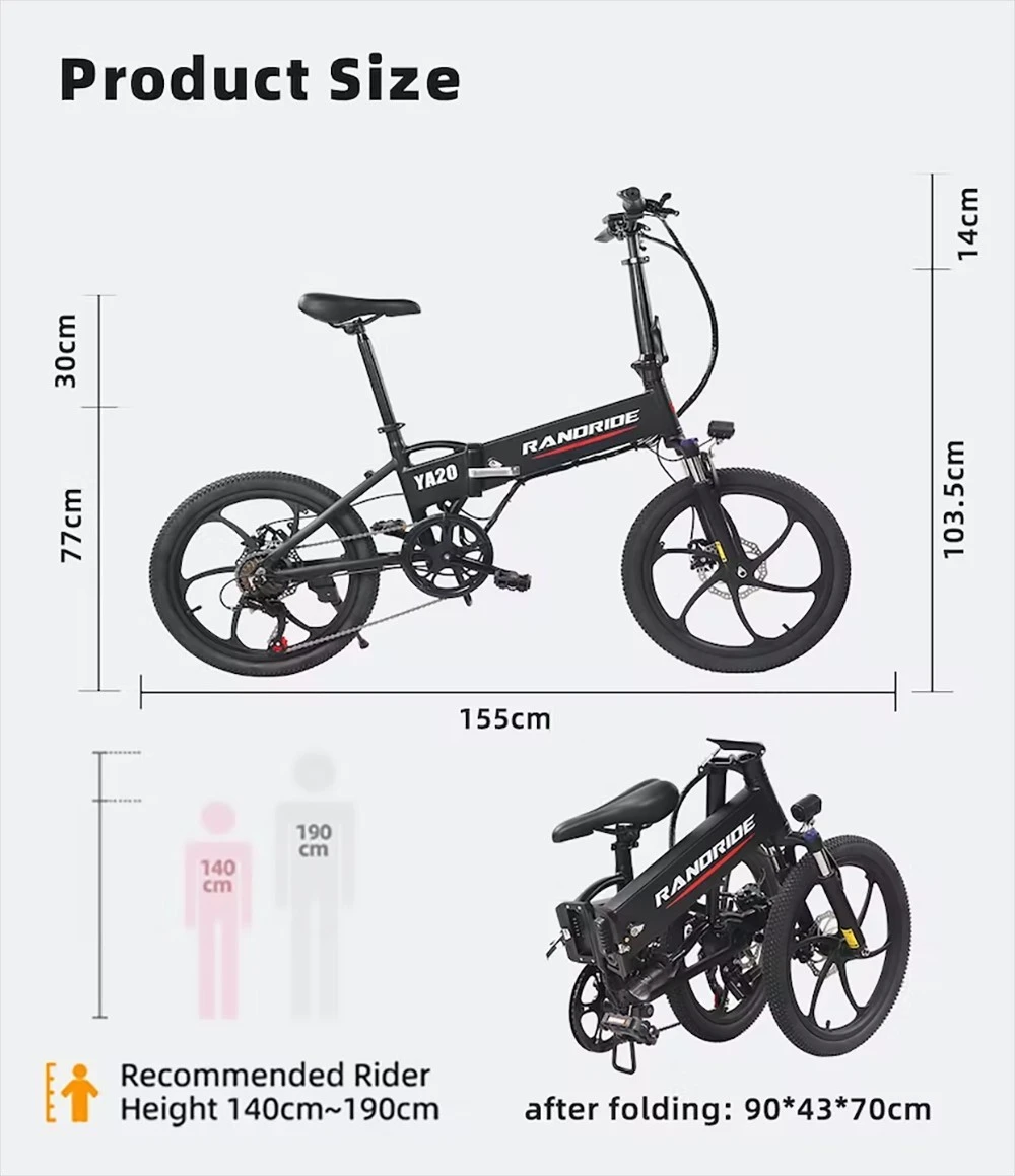 RANDRIDE YA20 Electric Bike 500W Motor 40km/h Max Speed 48V 12.8Ah Battery 80-90 Max Range 20*1.95'' CST Tires 120kg Load Shimano 7 Speed
