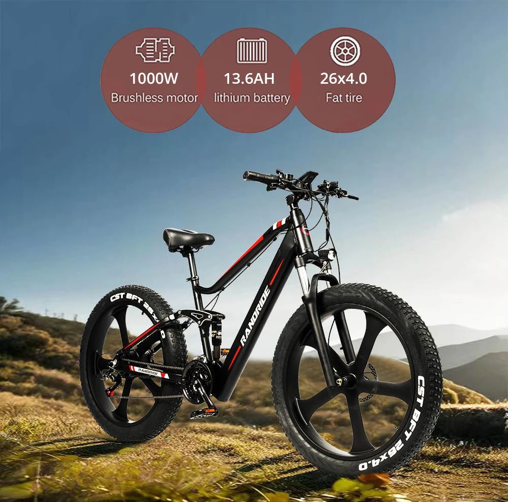 RANDRIDE YX90M Electric Bike, 26'' Fat Tire, 1000W Brushless Motor, 48V13.6Ah Battery, 45km/h Max Speed, 100km Range, LCD Display, SHIMANO Hydraulic Brake, Full Suspension Frame