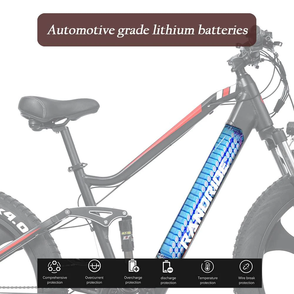 RANDRIDE YX90M Electric Bike, 26'' Fat Tire, 1000W Brushless Motor, 48V13.6Ah Battery, 45km/h Max Speed, 100km Range, LCD Display, SHIMANO Hydraulic Brake, Full Suspension Frame