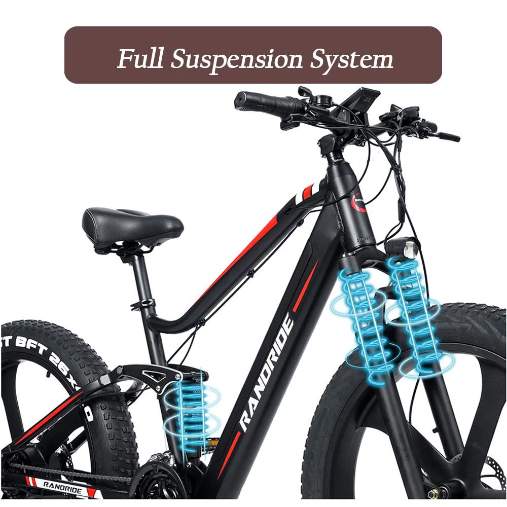 RANDRIDE YX90M Electric Bike, 26'' Fat Tire, 1000W Brushless Motor, 48V13.6Ah Battery, 45km/h Max Speed, 100km Range, LCD Display, SHIMANO Hydraulic Brake, Full Suspension Frame