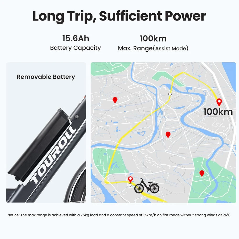 Touroll J1 ST Trekking Bike with 250W Motor, 27.5in Wheels, 561.6Wh Battery, 100km Range, Mechanical Disc Brake & E-Brake (Black)