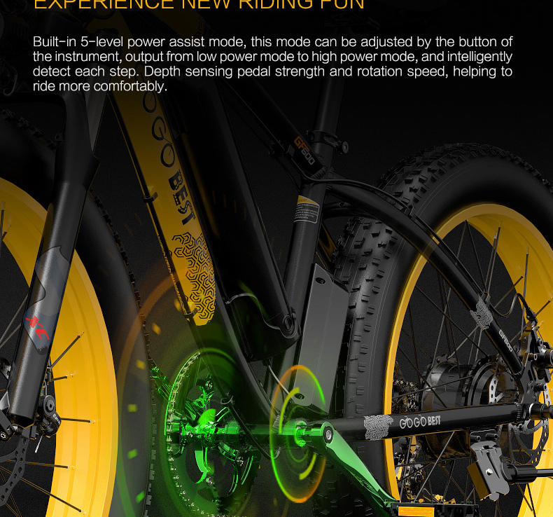 GOGOBEST GF600 Electric Bike 48V 13Ah Battery 1000W Motor 26x4.0 inch Fat Tire Aluminum Alloy Frame Shimano 7-speed Shift Max Speed 40km/h 110KM Power-assisted mileage Range LCD Display IP54 Waterproof - Black Yellow